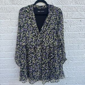 Zara Floral Print Chiffon Dress/Top – Size XL (EU/US) – Black, Purple & Cream